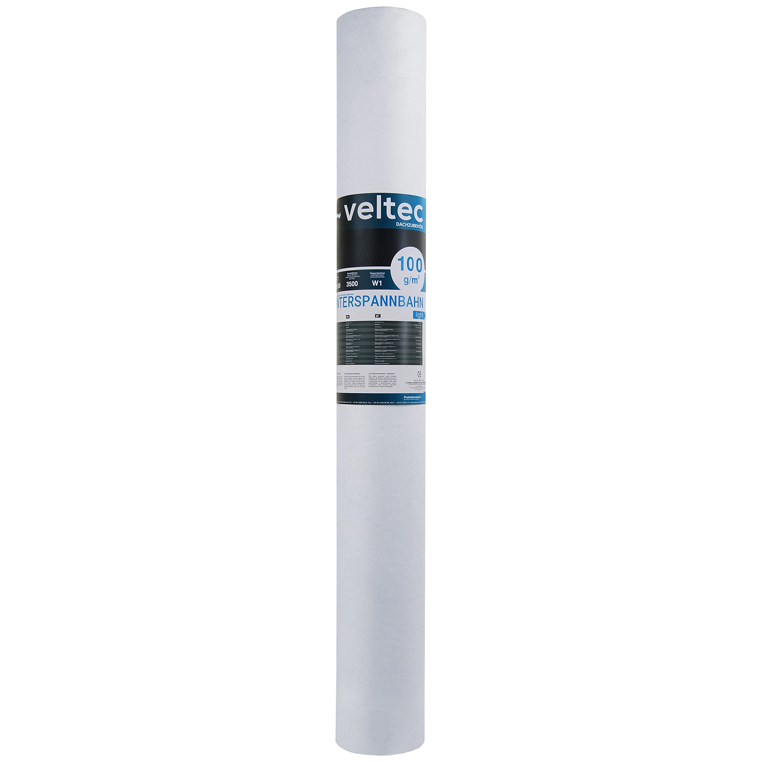Membrana traspirante per tetti Veltec 100 Light – Telo sottotegola Sd=0,03 m, 100 g/m² (75 m²), membrana impermeabile, 3 strati