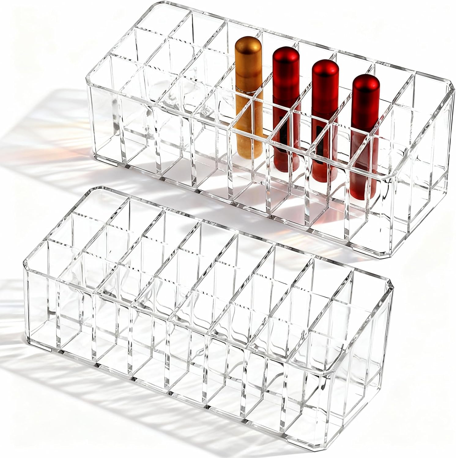 2 Pcs Rollerball Perfume Organizer, 24 Spaces Acrylic Perfume Storage Holder, Clear Beauty Scent Holder, Makeup Display Case Organizer for Lipstick Lip Glosses Brushes Perfumes Sample Mascara