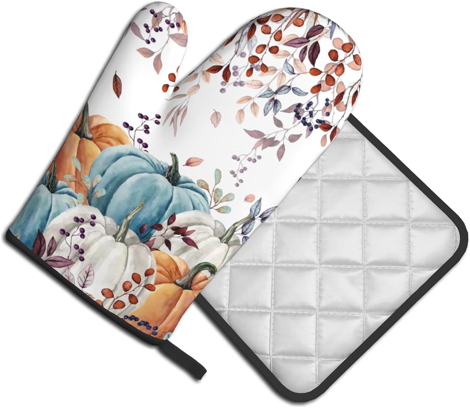 Giwawa Fall Orange Pumpkin Oven Mitt Potholders Sets Eucalyptus Leaves Heat Resistant Oven Glove Set of 2 Kitchen Hot Pads for Cooking Baking BBQ