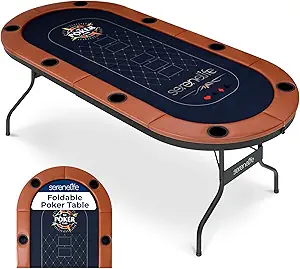 SereneLife 6ft Foldable Poker Game Table, 8 Player Casino Style Oval Card Table with Cushioned Rails, 8 Cup Holders, Metal Legs, Water-Resistant, Felt-Surface, Games Table 71.65"x32.28"x29.13" Inch