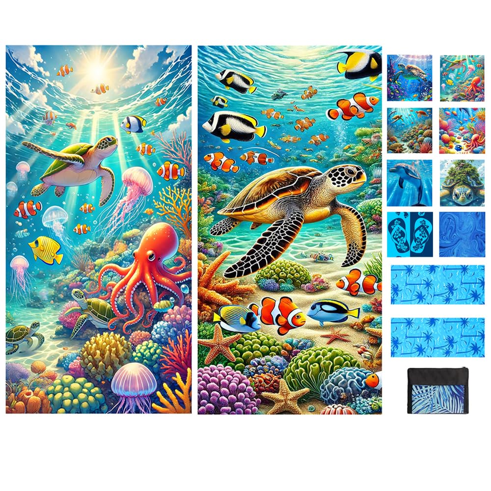 JAODFK 2 Pcs Microfibre Beach Towel 71"X32" Quick Dry Sea Animals Lightweight Sand Free Extra Large Thin Towels Travel Essentials For Adults Womens Swim Bath Accessories Mats Holiday Must Haves