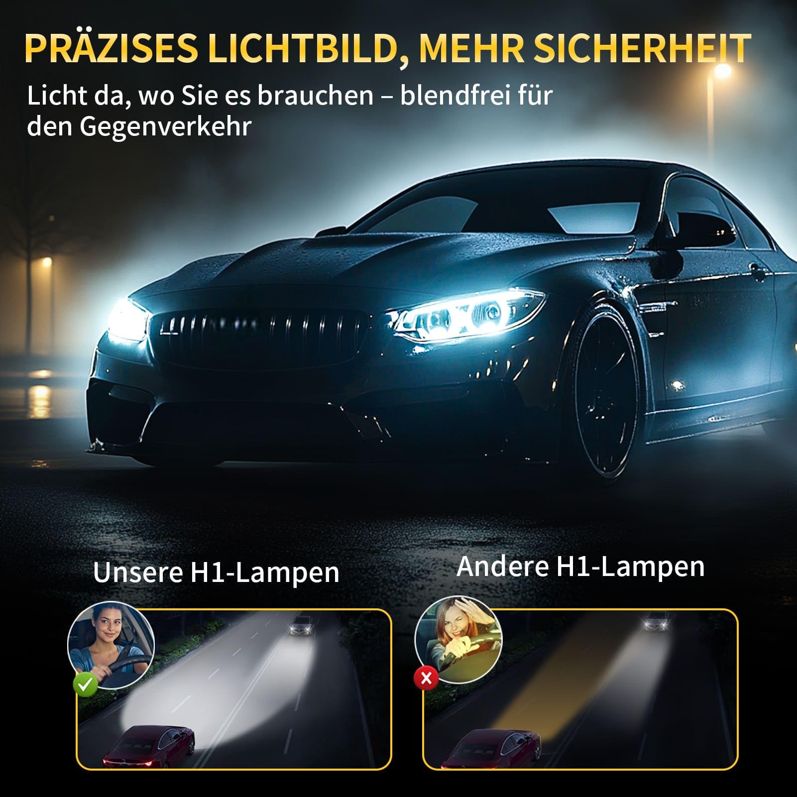 H1 Halogen Auto Lampe 12V 60W – Extra Hell & Ultra Langlebig – 6000K Weißlicht für Klarere Nachtsicht – Stoßfest, Plug-&-Play H1 Scheinwerfer für Abblendlicht & Fernlicht (2 Stück)