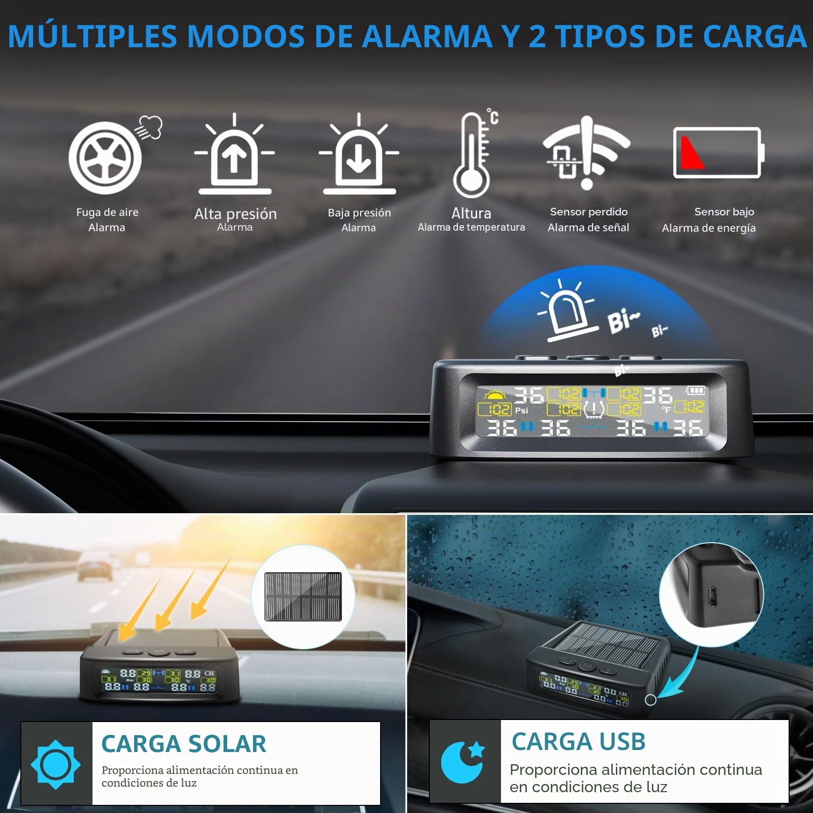 Sistema de control de presión de neumáticos KAOLALI compatible con 6 ruedas, con monitor de presión de neumáticos con pantalla digital, 9,9 bares/144 PSI máx., carga solar y USB, para camiones