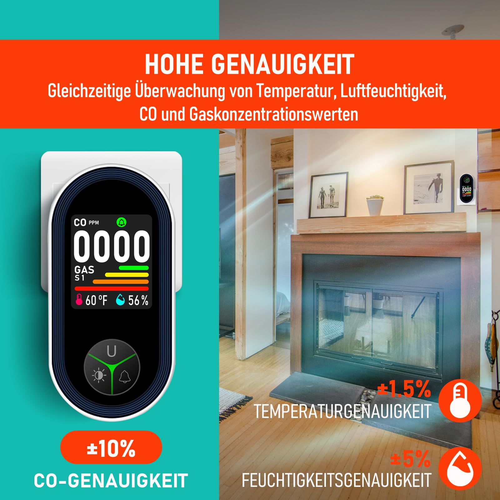 LSENLTY Kohlenmonoxid- und Gasmelder mit Stecker, 4-in-1 CO-Melder mit Temperatur- & Luftfeuchtigkeitssensor, mit akustischem Alarm für Wohnmobile