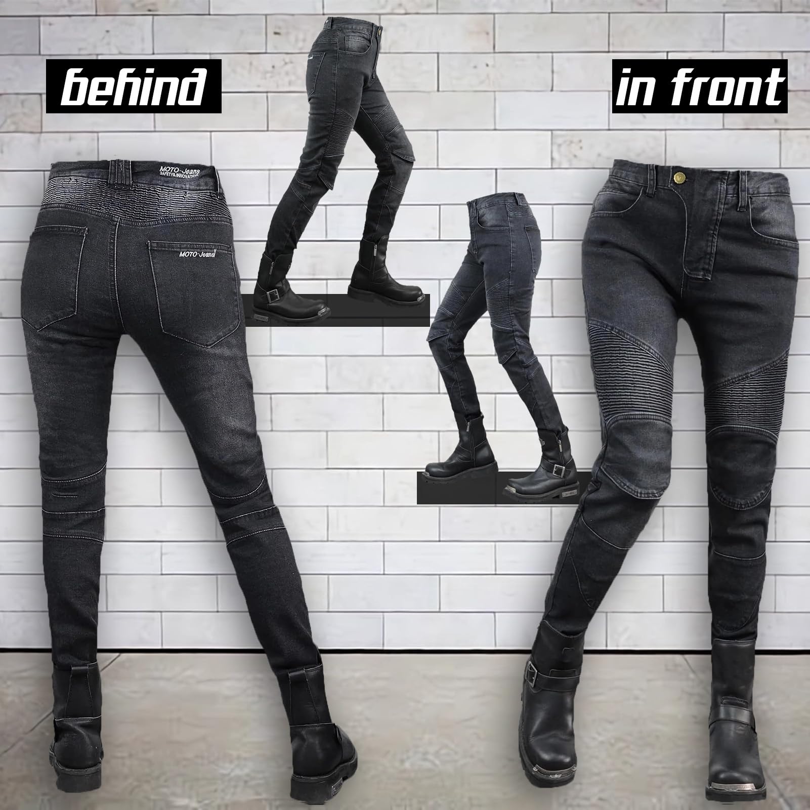 Jeans da donna, slim fit, da moto, con protezioni per ginocchia e fianchi, elasticizzati, slim fit, in denim, da motociclista