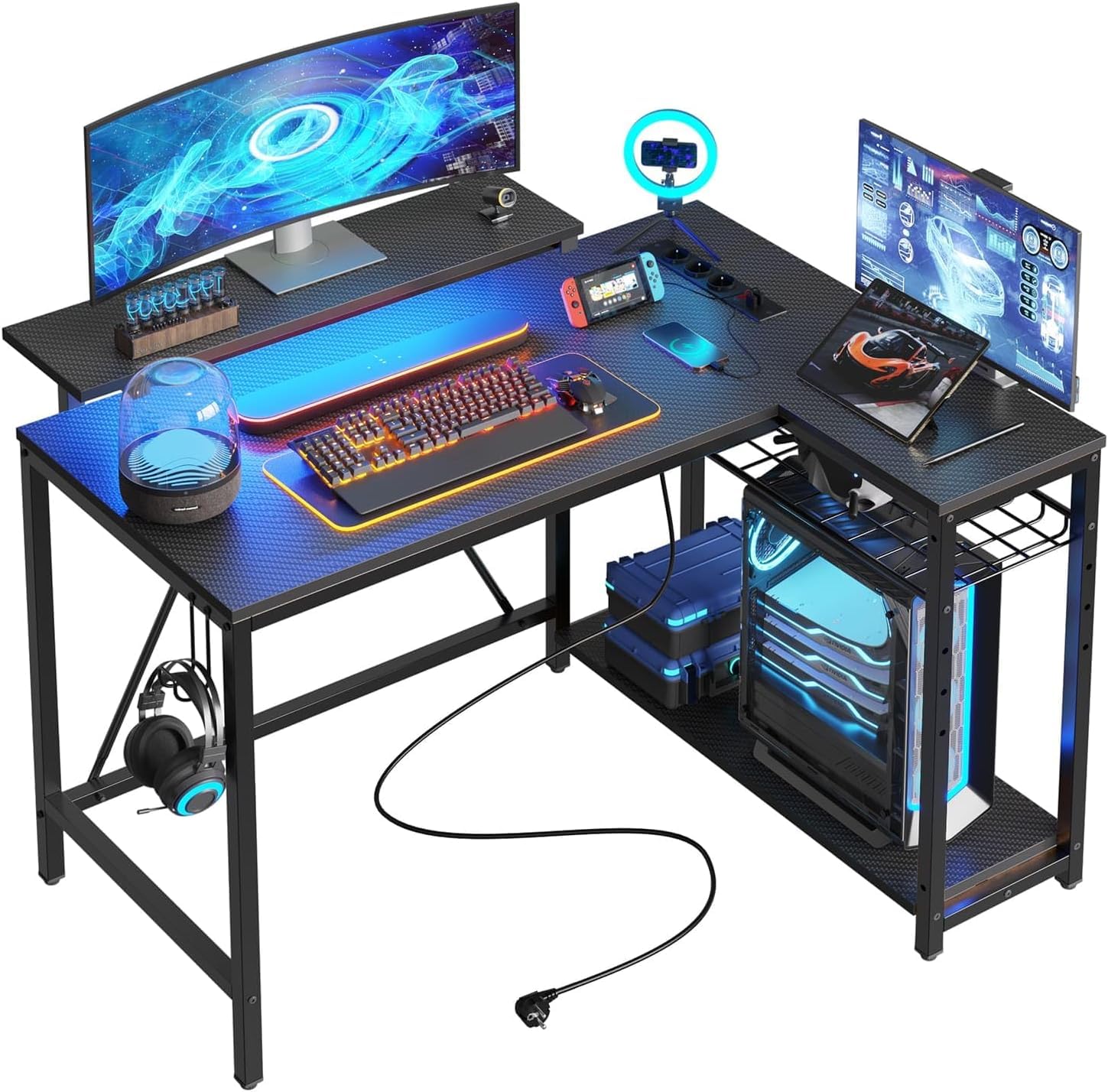 Bestier Escritorio en Forma de L con Tomas de Corriente y Luces LED, Escritorio Esquinero con Estantes, Reversible para Ordenador para el Hogar, Oficina, Dormitorio, Espacio Pequeño, 106,5 cm
