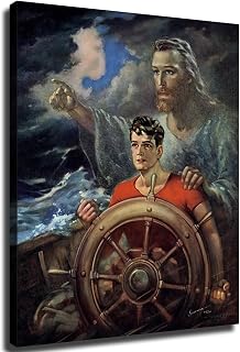 syzkda Warner Sallman Christ Our Pilot - Jesus & Young Man On Boat In Storm Poster HD Print Canvas Painting Wall Art For Living Room Bedroom Office Decor (16×20inch Unframed)