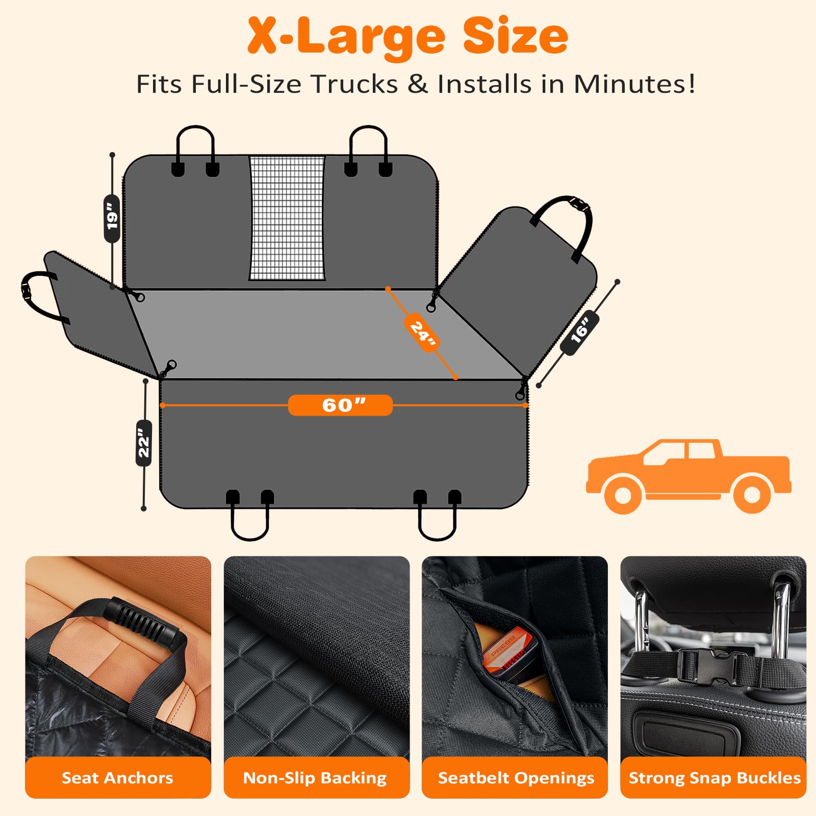 URPOWER XL Dog Seat Cover for Full-Size Truck Back Seat, Waterproof Hammock view 6