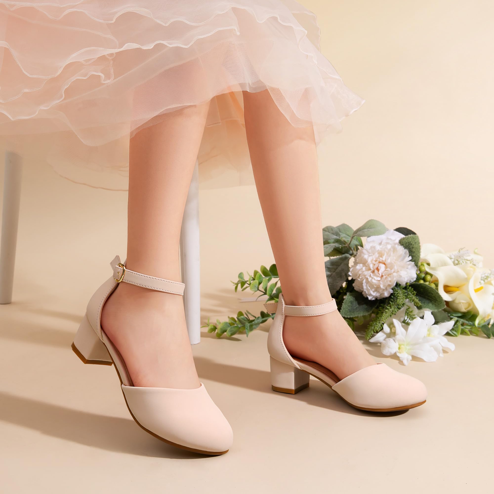 DREAM PAIRS Zapatos de Vestir para Niñas Tacones Cerrados con Correa al Tobillo para Niños Pequeños y Grandes Fiesta de Boda y Flores