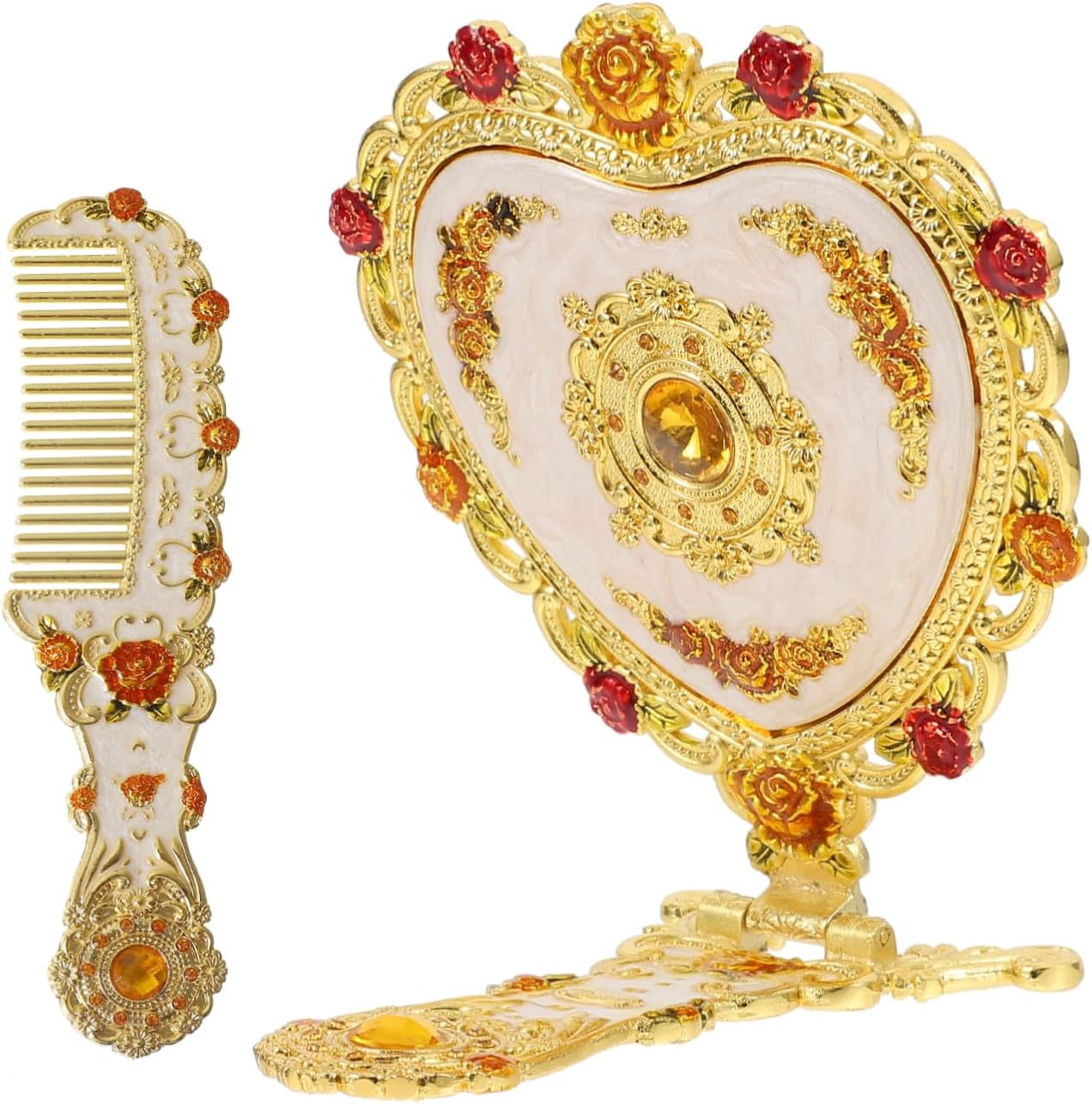 1set Vintage Handheld Mirror and Comb Set for Women Metal Heart-Shaped Makeup Mirror and Comb Retro Design for Travel and Daily Use