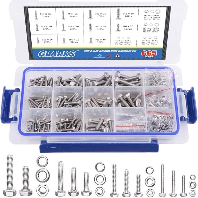 Glarks 665Pcs M3 M4 M5 M6 Stainless Steel Flat Hex Head Screws Bolts Nuts and Flat Gasket Spring Washers Assortment Set