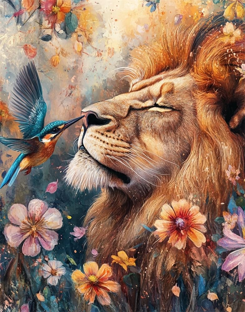 Henypt 11Ct DIY Counted Cross Stitch Kits for Adults Lion and A Kingfisher Embroidery Cross Stitch Kits Stamped Pattern Starter Set Needlework Art Accessories Wall Decoration Adult Craft Kits