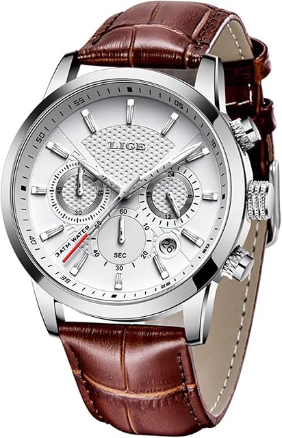 LIGE Men's Watches Fashion Luxury Sport Analog Quartz Chronograph Waterproof Watch for Male Classic Casual Leather Elegant Gents Dress Wristwatch Calendar Round Dial
