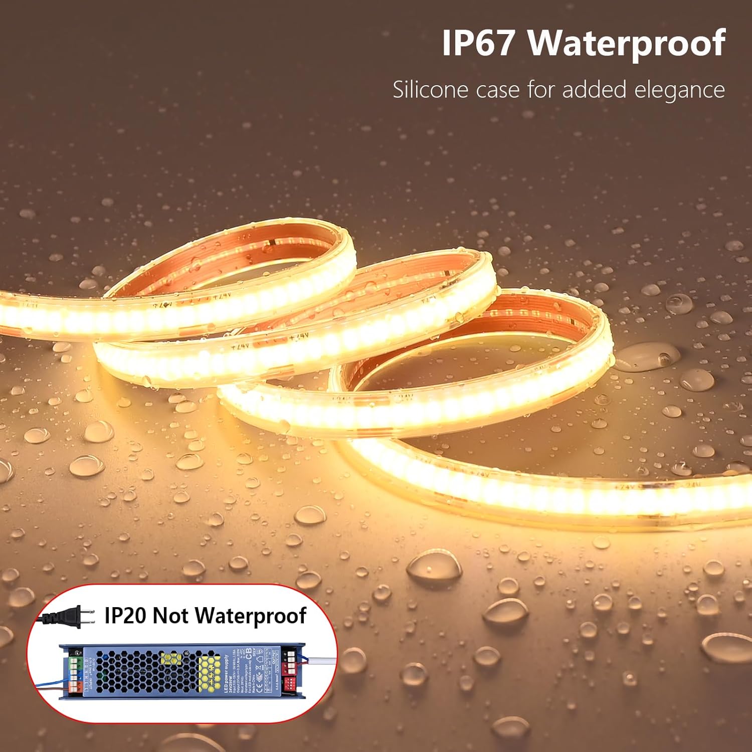 24V COB LED Strip Lights Outdoor Waterproof 65.6FT, 3000K Warm White Dimmable IP67 CRI 93 LED Rope Light with Power Supply for Bedroom Living Room Garden Commercial House