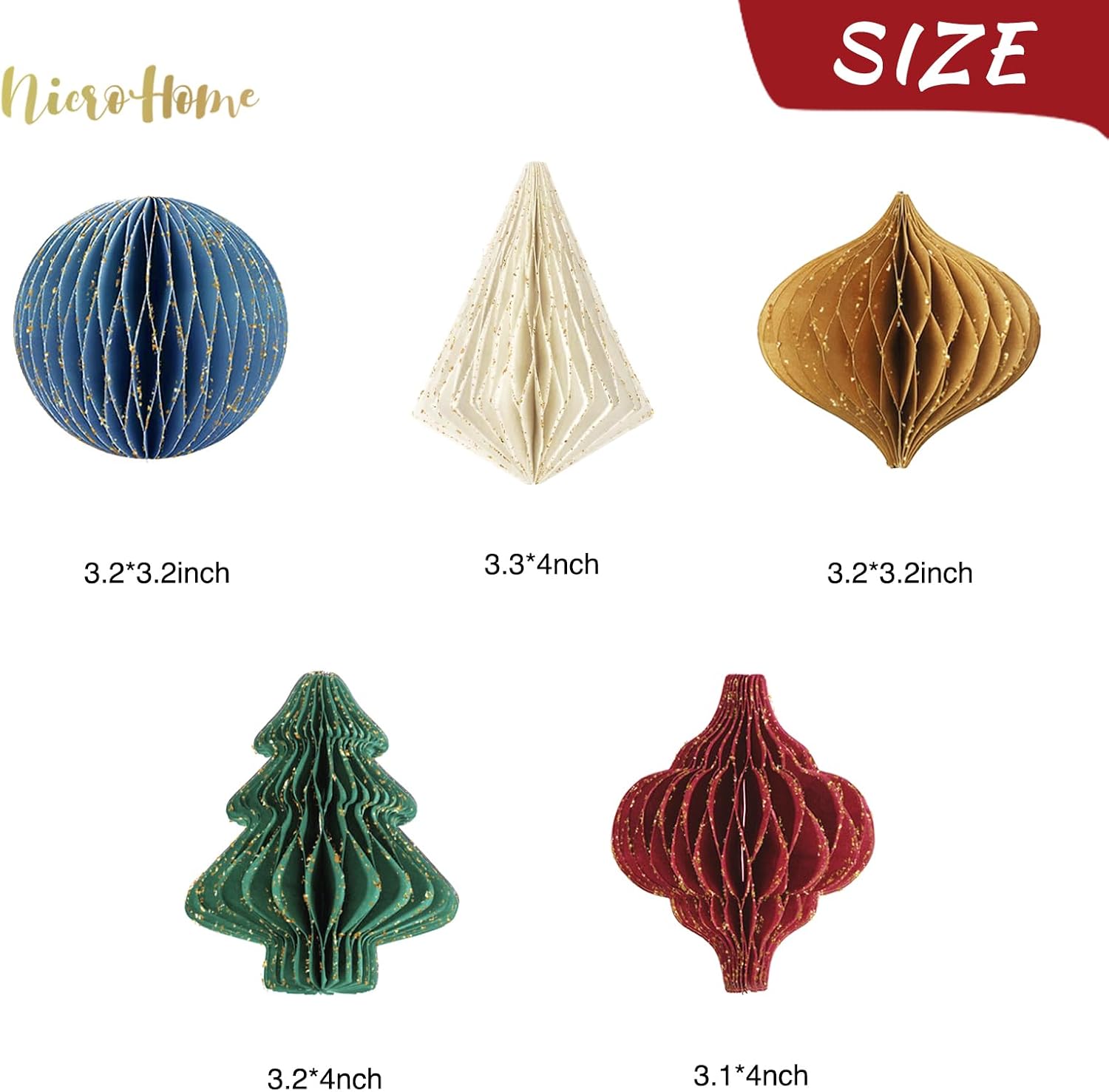 NICROHOME EUR Christmas Decorations, 5PCS Glitter Paper Honeycomb Ornaments image 3