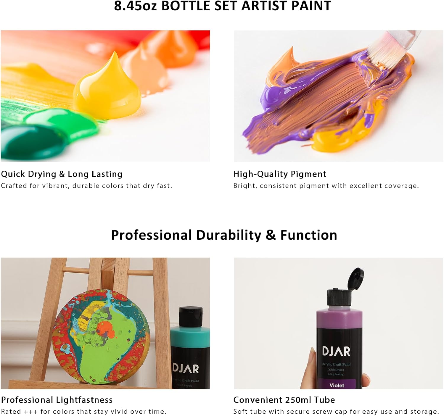 DJAR Acrylic Paint, 18 Colors Acrylic Paint Set, 2 fl oz/250ml Bottles, Waterproof, Rich Pigments Colors Painting Supplies for Artists, Beginners on Canvas Rocks Wood Ceramic Fabric