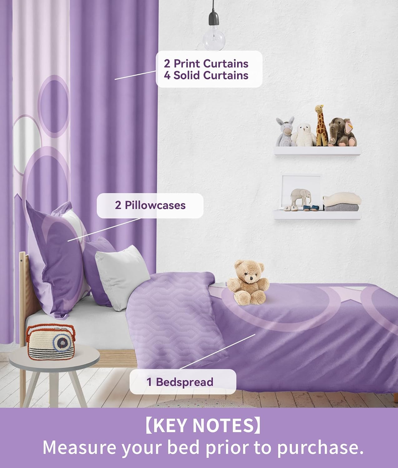 Matching Curtains and Bedding Sets, 1 Bedspread (91"x100") 2 Pillowcases 2 Print 4 Solid Curtains, Purple Dot Microfiber King Bed Cover Set, Wrinkle-Resistant & Easy Care