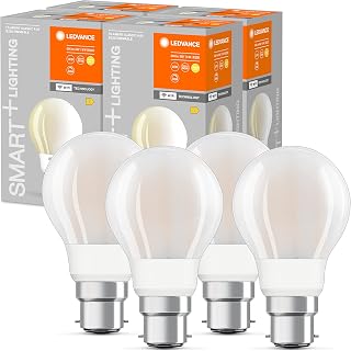 LEDVANCE Smart LED-Lampor med Wifi teknik, B22d-sockel, dimbar, varmvitt (2700K), glödlampsform, matt, ersättning för konventionella 60W-lampor, kontrollerbar med Alexa, Google & App, 4-pack