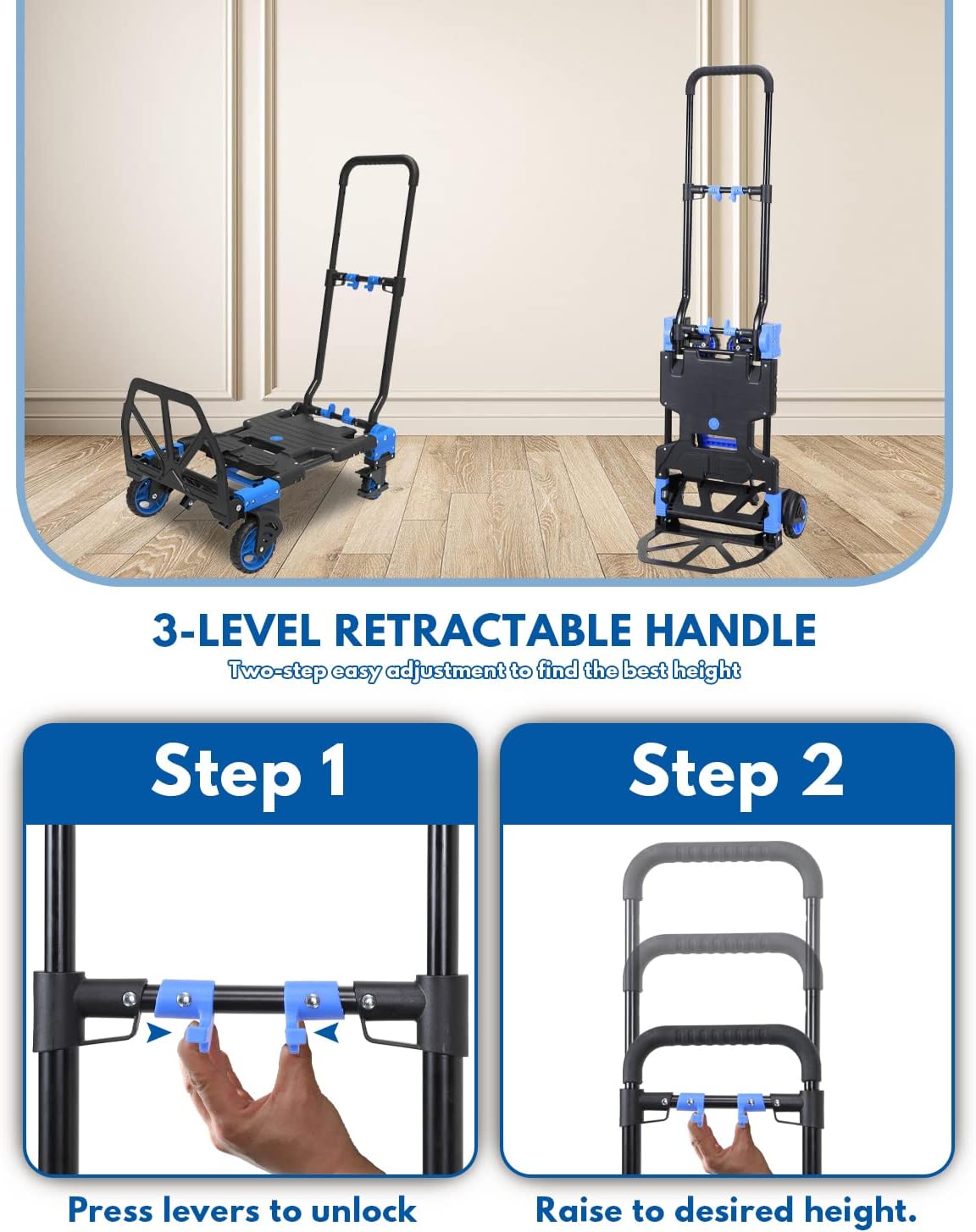 Hand Truck, 2 in 1 Folding Dolly Cart with Retractable Handle, Convertible Hand Cart with Wheel Brake Function for Transportation, Shopping, Office, Home use