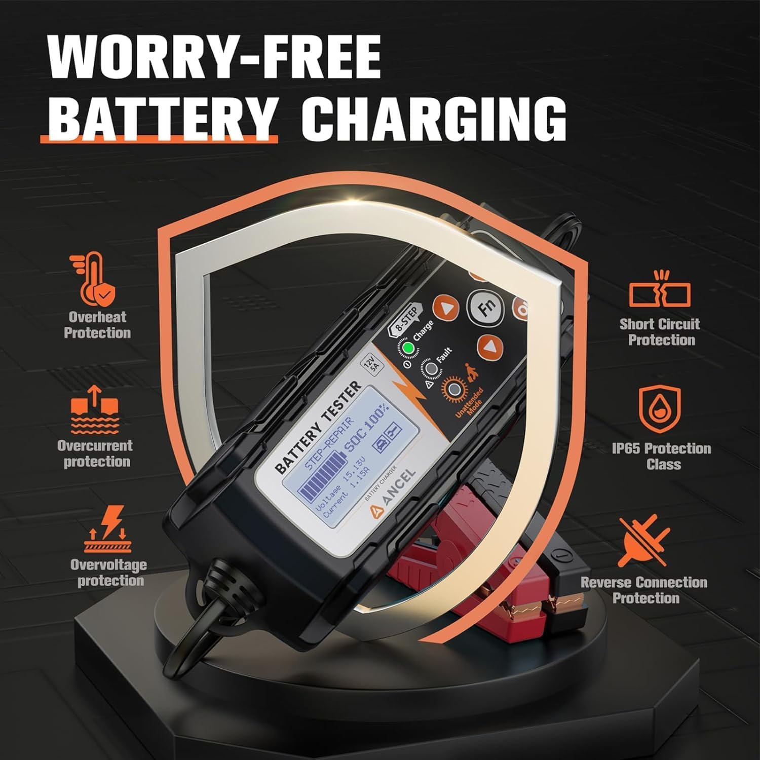 ANCEL BT521 with various safety icons including overheat, overcurrent, overvoltage, short circuit, anti-overcharge, anti-overdischarge, overheating, and reverse connection protection.