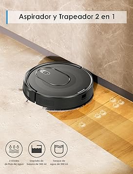 Robot Aspirador, Potente Succión 3600pa, 2 En 1 Robot Aspirador y Fregasuelos,Detección Inteligente, Duración De La Batería Ultralarga, Elimina Fácilmente Suciedad, Polvo y Pelos de Mascotas,Negro2