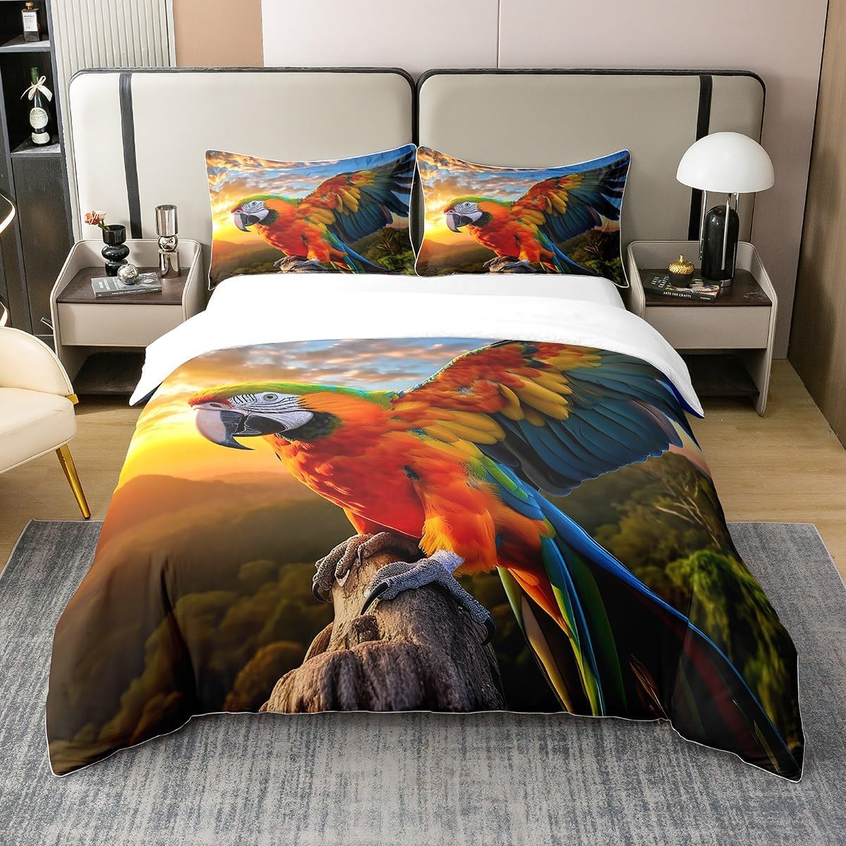Cute Parrot 100% Natural Cotton Duvet Cover For Kids Boys Girls Colorful Parrot Bird Bedding Set Sunset White Clouds Sky Comforter Cover Flying Animal Bedspread Cover With 2 Pillowcases,Full Size