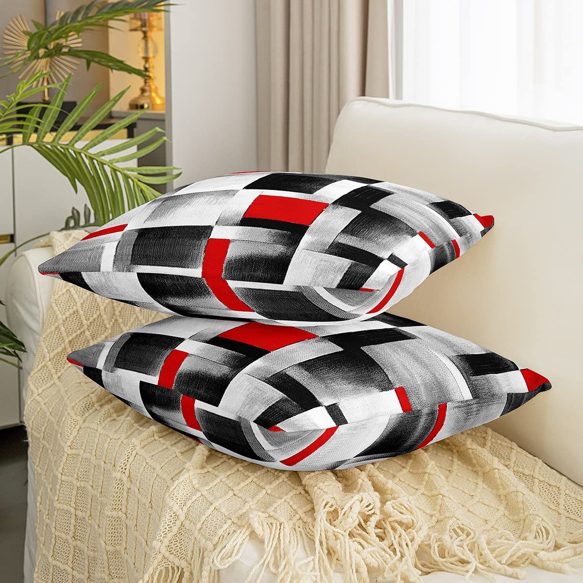 Loussiesd Red Grey Black Buffalo Check Square Cushion Covers Set of 1 Set Geometric Reversible Throw Pillow Covers Decor Stripe Line Pillow Covers Home Decor Modern Art 18x18 Inch - Image 3