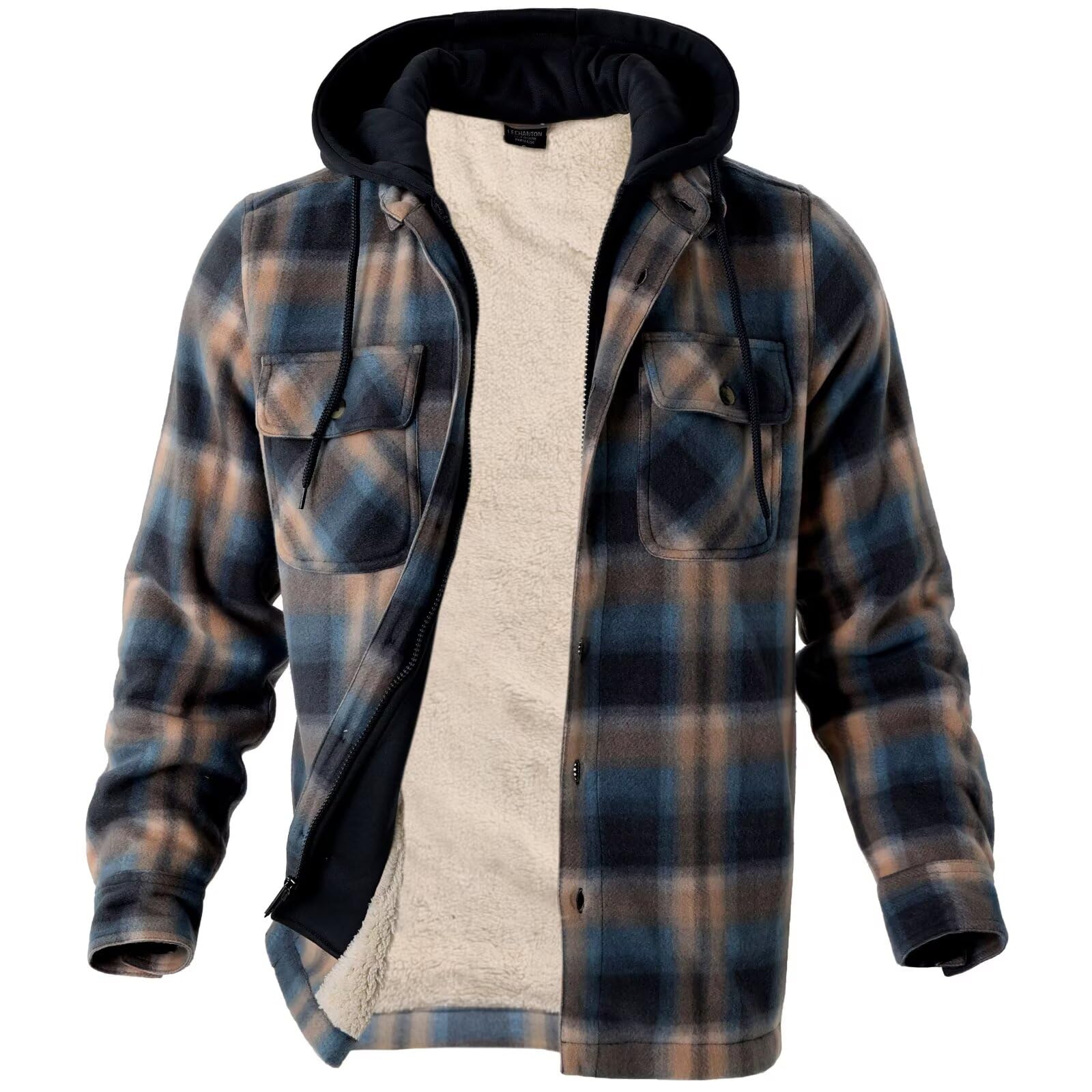 LeeHanTon Mens Flannel Jacket Heavyweight Sherpa Fleece Jackets Outdoor Hiking Casual Soft Warm Coat with Pockets