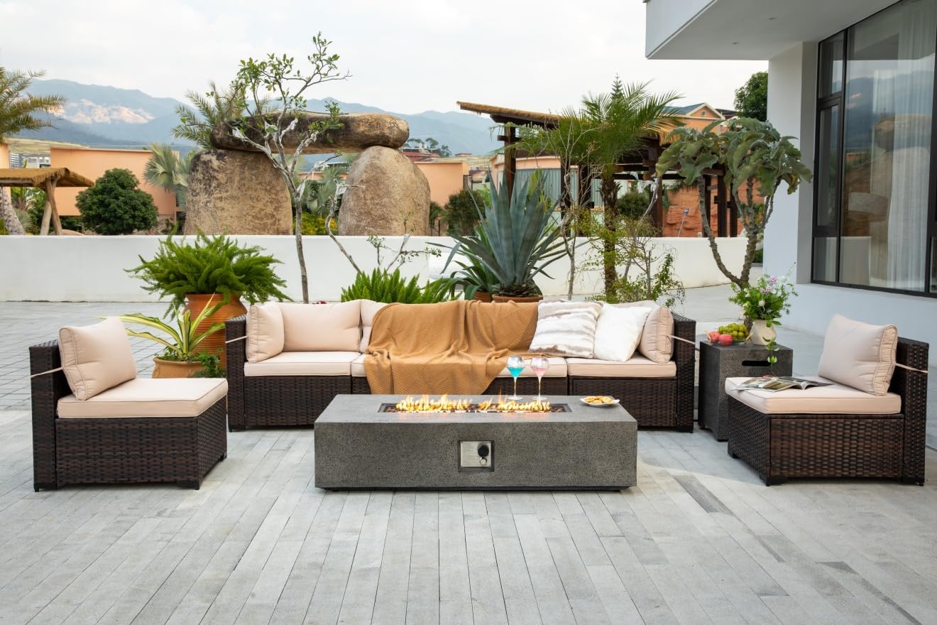 56-inch Rectangle Propane Gas Fire Pit Table, 50,000BTU Outdoor Patio Heater with Stainless Steel Burner Fire Pit for Backyard, Porch, and Garden (Grey, Fire Pit with Wind Guard&Tank)