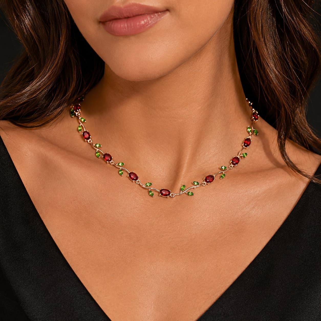 Rose Gold Tone Red and Green CZ Vine Necklace for Women, 17.1 Inch