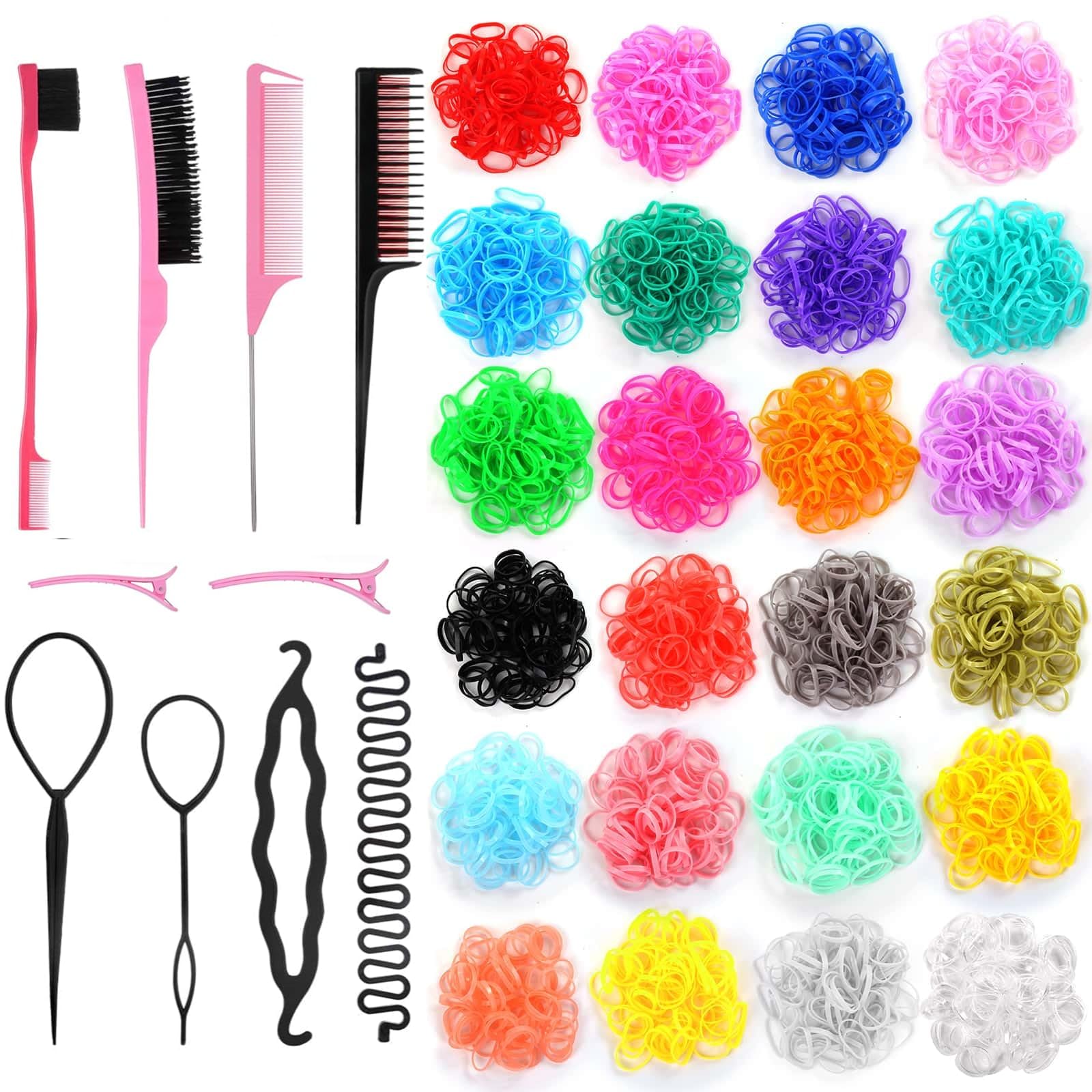 2400Pcs Small Hair Rubber Bands with Hair Styling Tools, 24Colors Mini Elastic Hair Ties with Hair Loop Braiding Tool Accessories Kit for Baby Girls Toddlers Kids Women