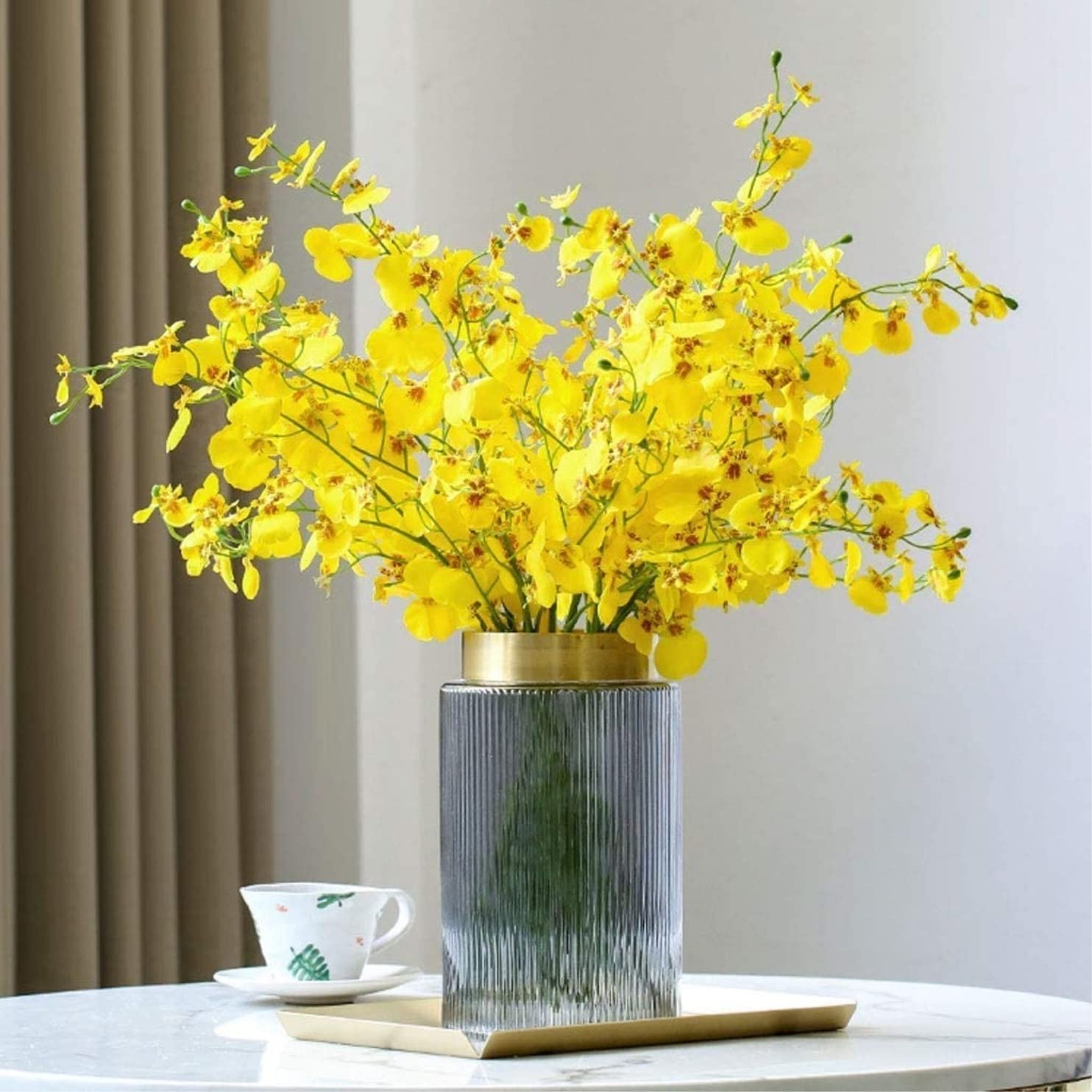 Element Wystroju Domu Pięknie Sztuczne Kwiaty Sztuczny Jedwab Oncidium Hybridum Tańcząca Orchidea Zestaw Sztucznych Wazonów Na Ozdoby Salonu(Yellow)