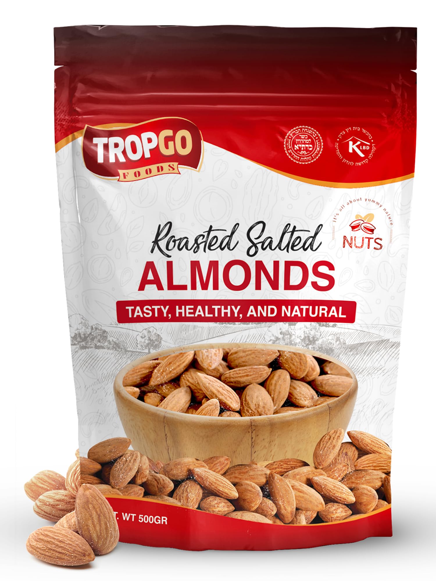 Tropgo Almonds Roasted & Salted 500g - Packed Fresh, Salted Almond Nuts with Fibre, Protein, and Minerals, Perfect for Snacking - Kosher Approved, Large Almonds - Bulk Food Buy
