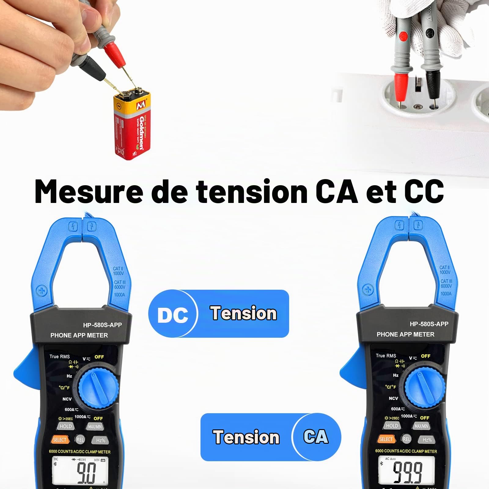 Bluetooth Pince Ampèremétrique, NCV AC DC Clamp Multimètre Numérique TRMS, 6000Count Tension Courant Meter App Support, Voltmètre Ampèremètres avec Continuité Température Résistance Diode Capacité Hz