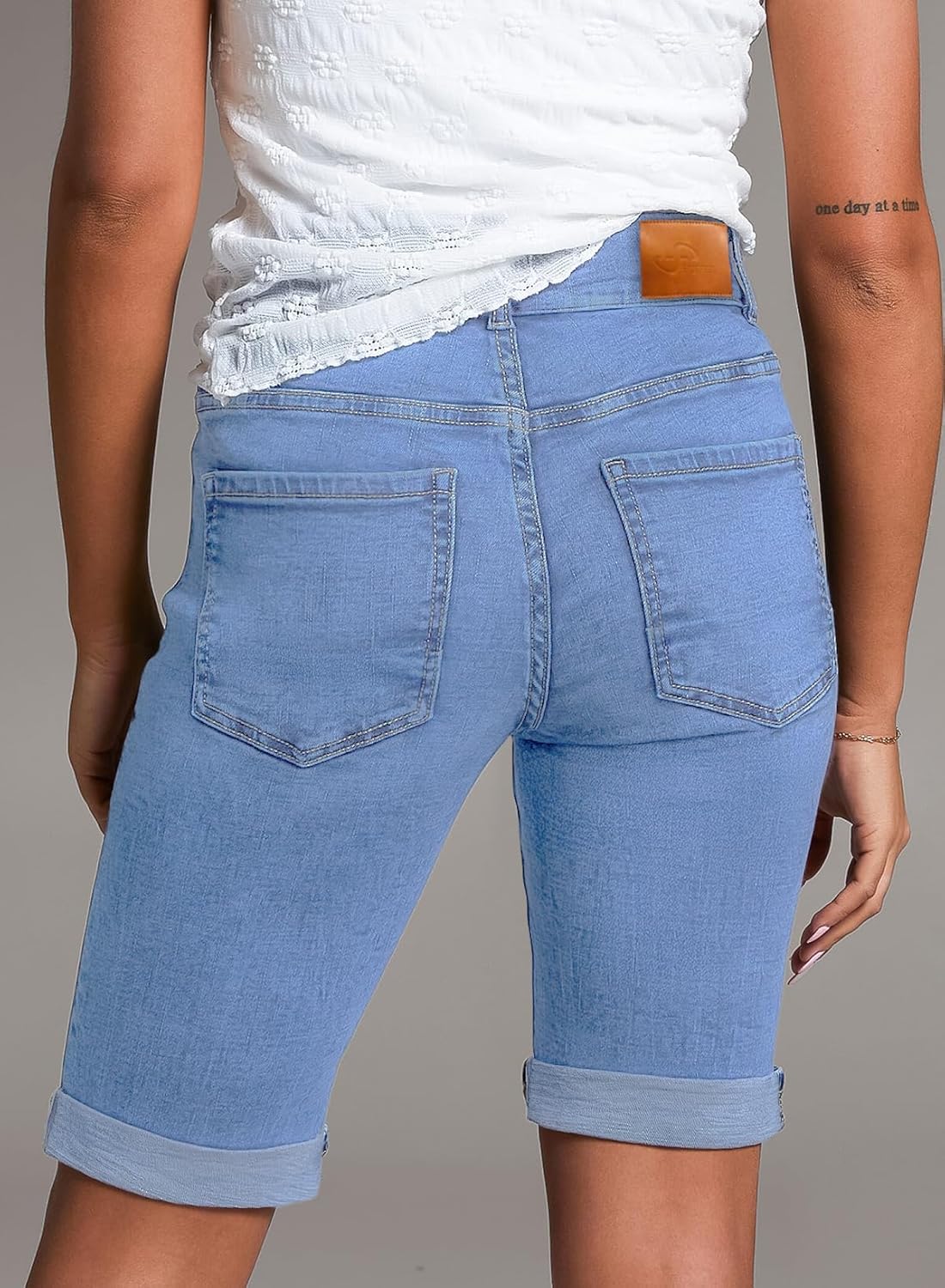 Sidefeel Women's Jean Shorts High Waisted Stretchy Bermuda Folded Hem Denim Summer Shorts - Image 2