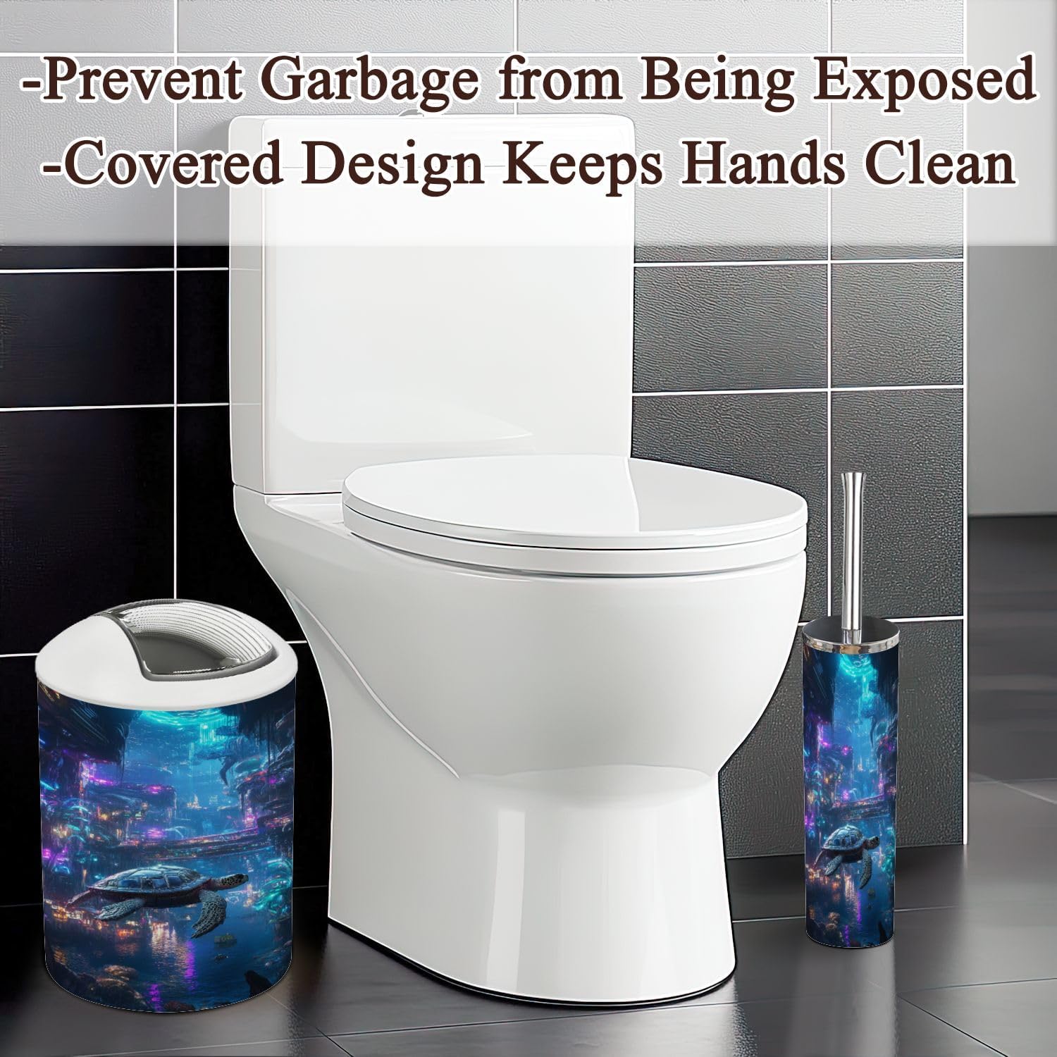 6 Piece Bathroom Accessories Set Robotic Sea Turtle Exploring Ocean Bioluminescent Plants Trash can Toilet Brush Holder Toothbrush Holder Toothbrush Cup Soap Dispenser Soap Dish for Home