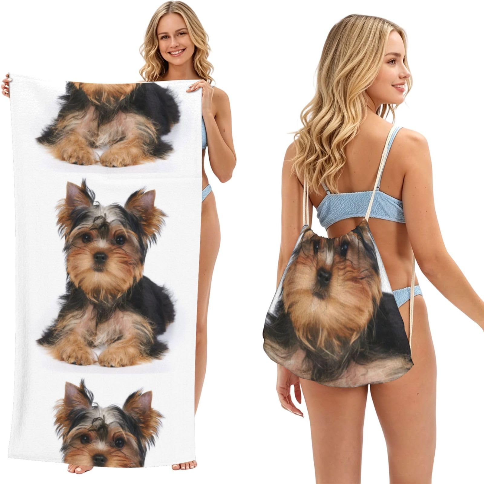 Poadnly As Picture Yorkshire Terrier, 2 In 1 Packable Towel Bag, Beach Towels With Drawstring Backpack For Travel Holiday Camping