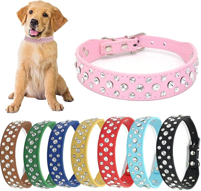 Rhinestone Dog Collar, Adjustable Durable PU Leather Crystal Pets