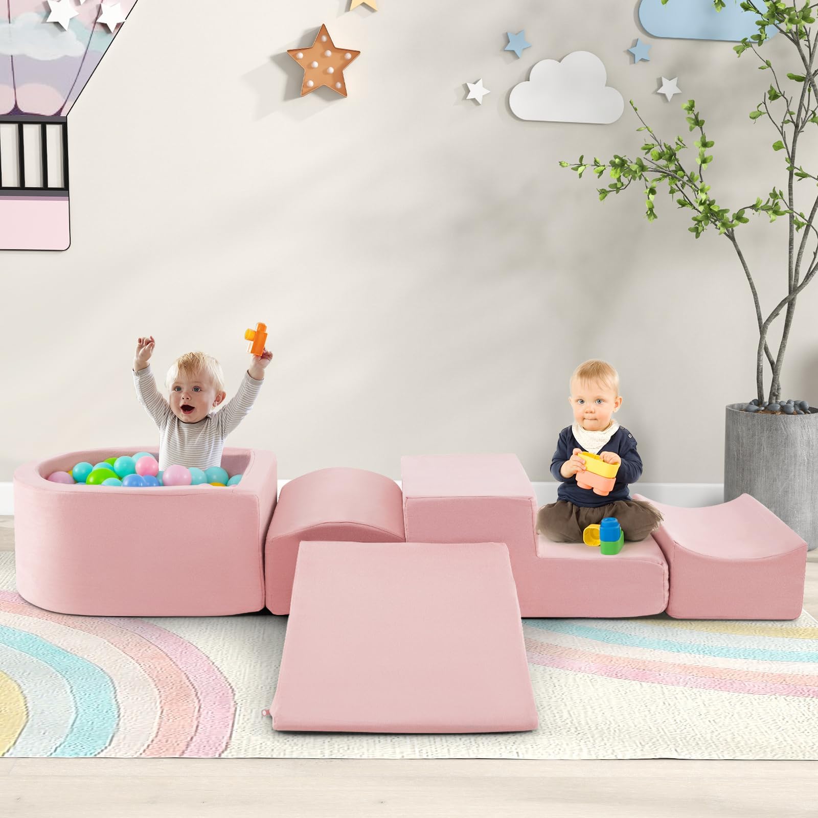 FANTASK 5 TLG. Kinder Softplay-Set, Schaumstoffbausteine mit Bällebad, Riesenbausteine zum Toben und Klettern, Schaumstoff Bausteine für Spielzimmer, Kinderzimmer (Rosa)