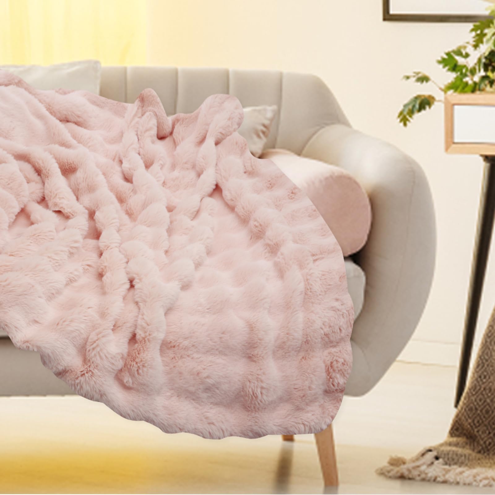 QINGLANG Throw Blanket Sofa 130×160cm Soft Fluffy Faux Fur Throw Cozy Blanket Warm Thick Bubble Blanket Light Weight Fleece Warm Throw Blanket for Bed Couch Office (Pink)