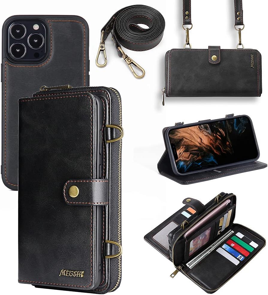 Lnobern Design Compatible for iPhone 13 Pro Wallet Case Crossbody Detachable Lanyard Case Kickstand Magnetic Bag Purse for Woman Man (for iP13 Pro (6.1 inch), Black)