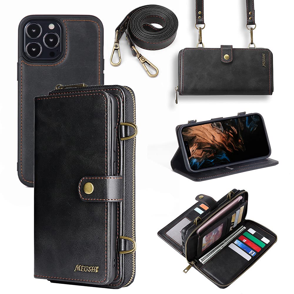 Compatible with iPhone 13 Wallet Case, PU Leather Detachable Magnetic Card Holder Kickstand Shoulder Strap Full Protective Purse (Black, iPhone 13)