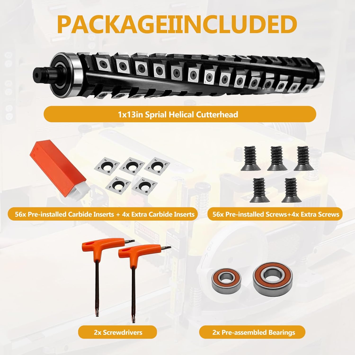 13 Inch Spiral Helical Cutterhead for DeWalt DW735 DW735X Planer, Helical Cutter Head 4 Rows 60 Carbide Inserts for DW735/DW735X/DW735-XE Thickness Planer