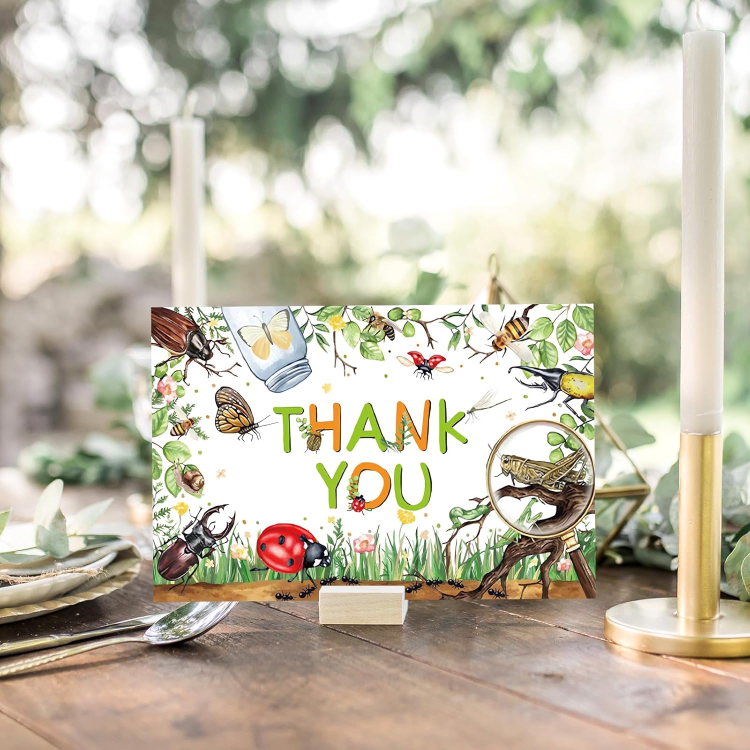 24 Pack Insects Thank You Cards with Envelopes Stickers Watercolor Green Ladybug Butterfly Bee Ant Magnifying Glass Blank Note Cards for Baby Shower Birthday Supplies - Image 5