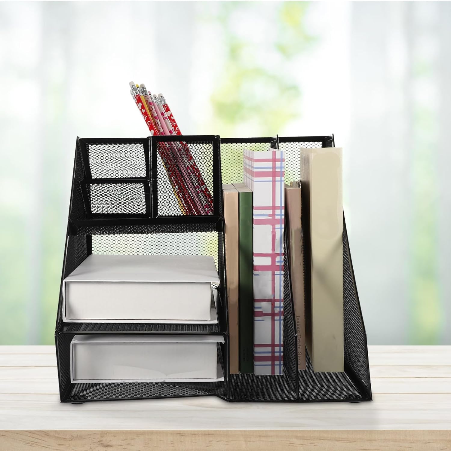 Metal Mesh Desktop File Organizer with Pen Holder, 2-compartment 3-tier Letter Sorter Rack for Office Documents and Magazine Storage, Black Tabletop Document Holder for Workspace