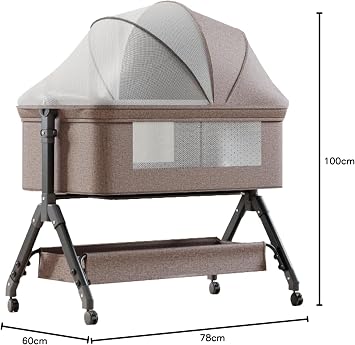 Baby Bassinet & Bedside Bassinet Portable Bcking Crib with Wheels for Baby, Mosquito Net & Storage Basket, 6 Height Adjustable, KHAKI (Non-electric-KHAKI)