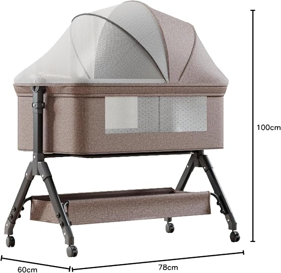 Baby Bassinet & Bedside Bassinet Portable Bcking Crib with Wheels for Baby, Mosquito Net & Storage Basket, 6 Height Adjustable, KHAKI (Non-electric-KHAKI)