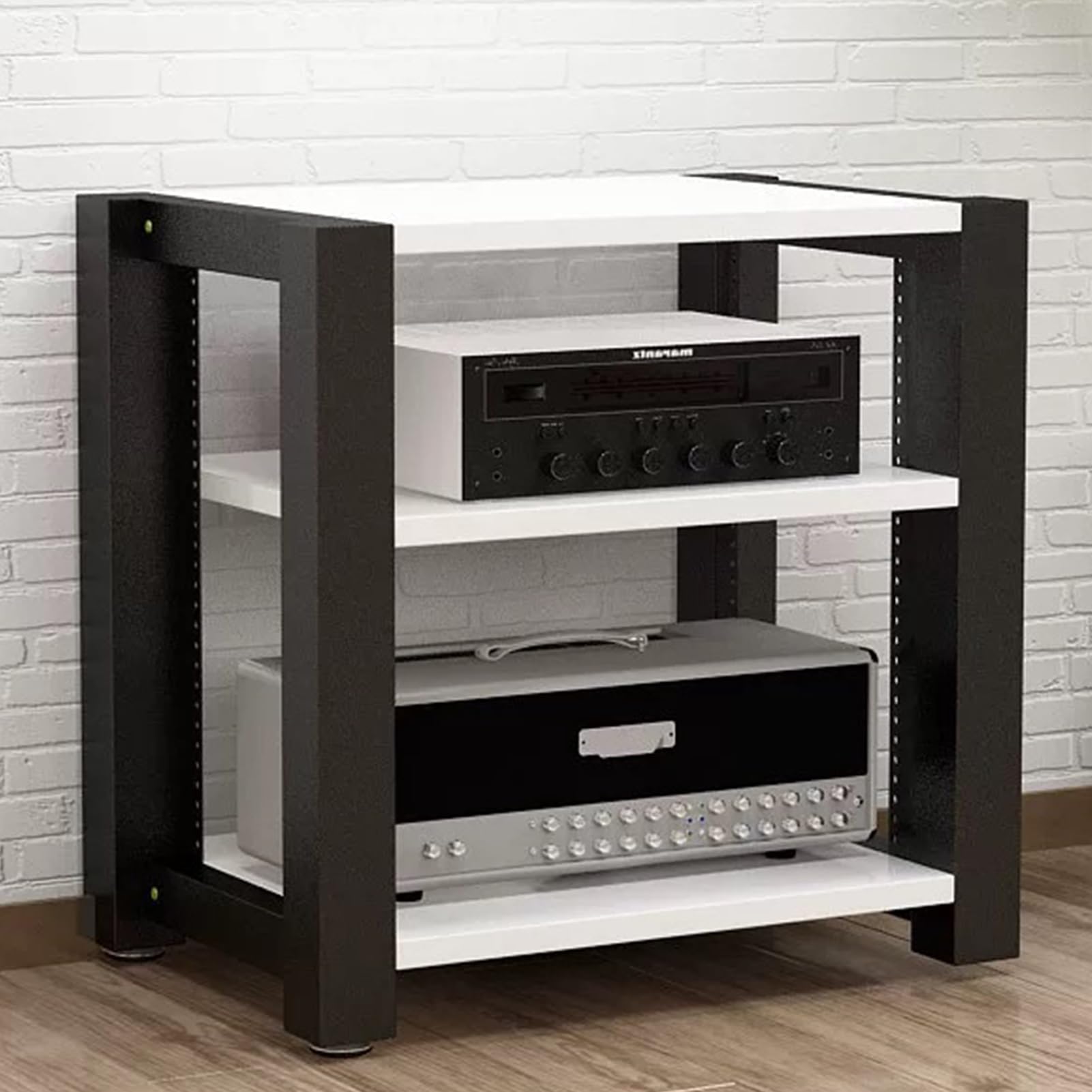Mueble de audio Hi-Fi con estante ajustable de acero y madera blanca de 60x60 cm