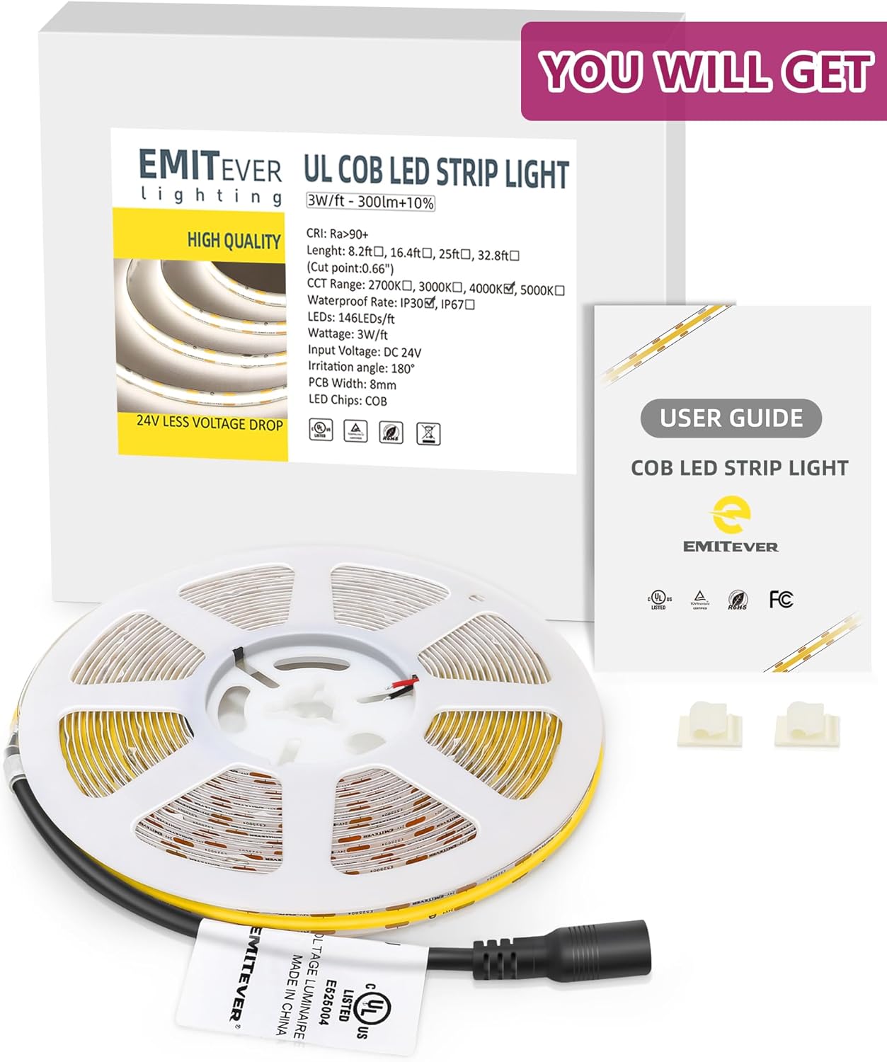 EMITEVER COB LED Strip Lights Neutral White 32.8ft, 4000K Ra 90+ Tape Light Premium High Density, 24V, 300+Lumens/ft, 4800LEDs/Spool, 3W/ft, UL Listed 5 Year Warranty (Power Supply Sold Separately)