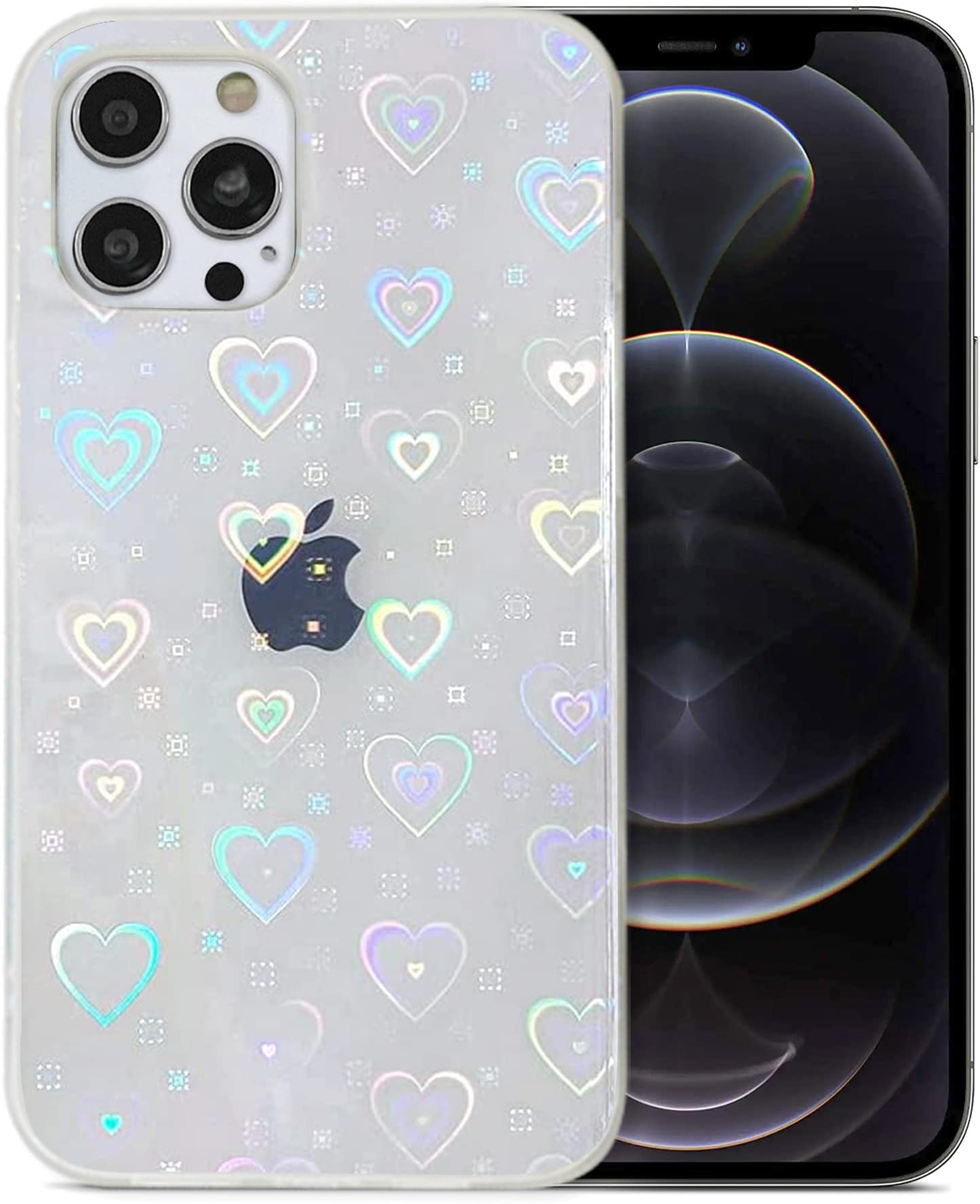 JusyCompatible with iPhone 13 Pro Max Case, Holographic Love Heart Iridescent Clear Kawaii Case, for Women Aesthetic Laser Bling Rainbow Cute iPhone Cover, Holo Reflective Case